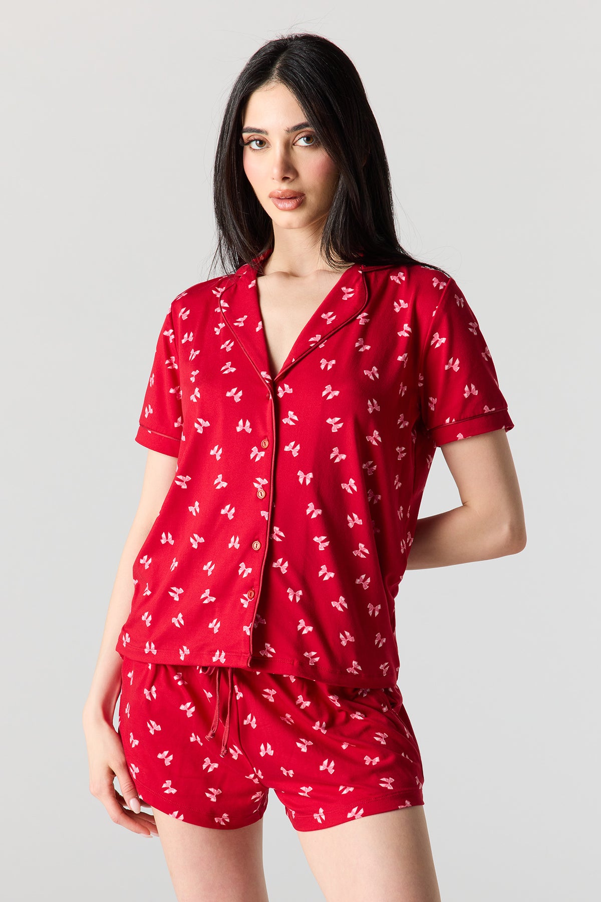 Alt View 2. Button-Up Collared Top & Pajama Pant & Short Set (3 Pieces) - Red