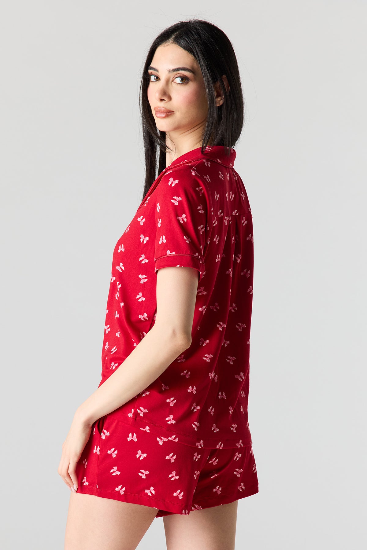 Alt View 4. Button-Up Collared Top & Pajama Pant & Short Set (3 Pieces) - Red