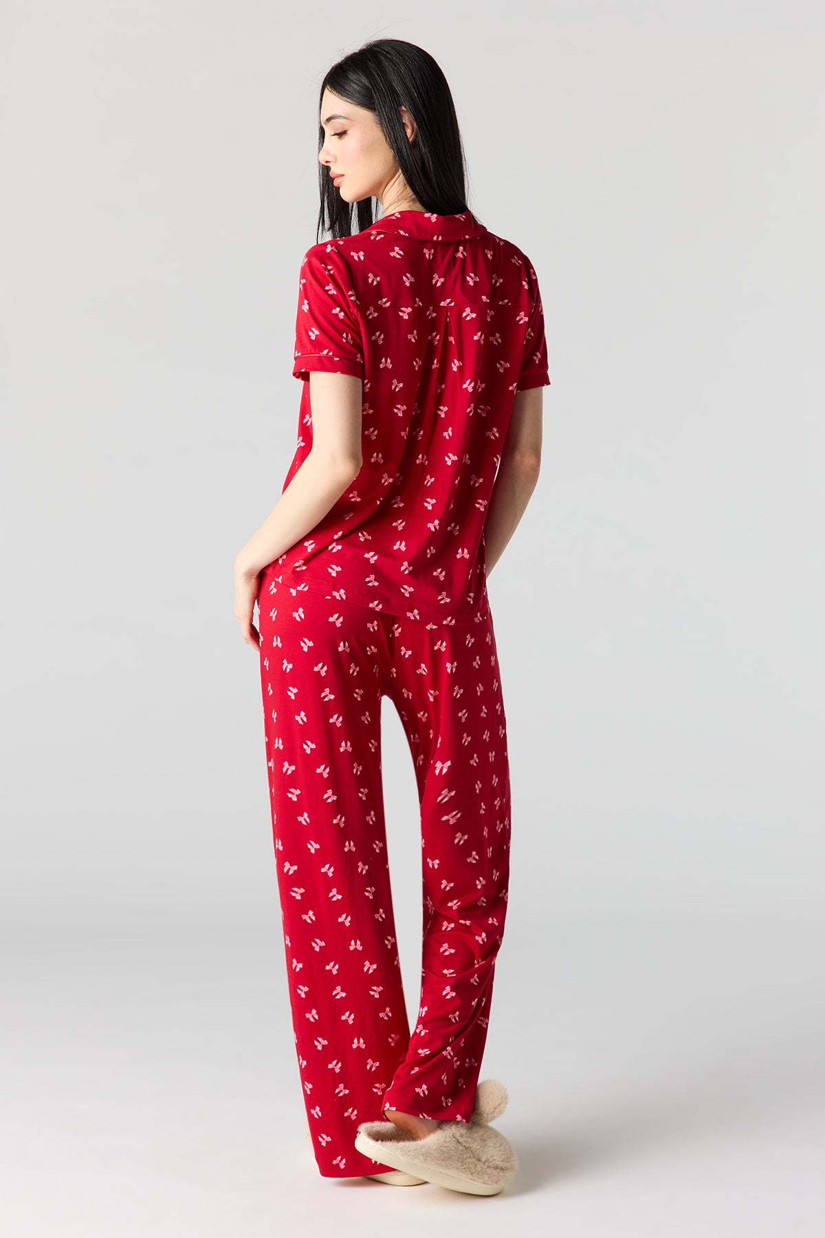 Alt View 5. Button-Up Collared Top & Pajama Pant & Short Set (3 Pieces) - Red
