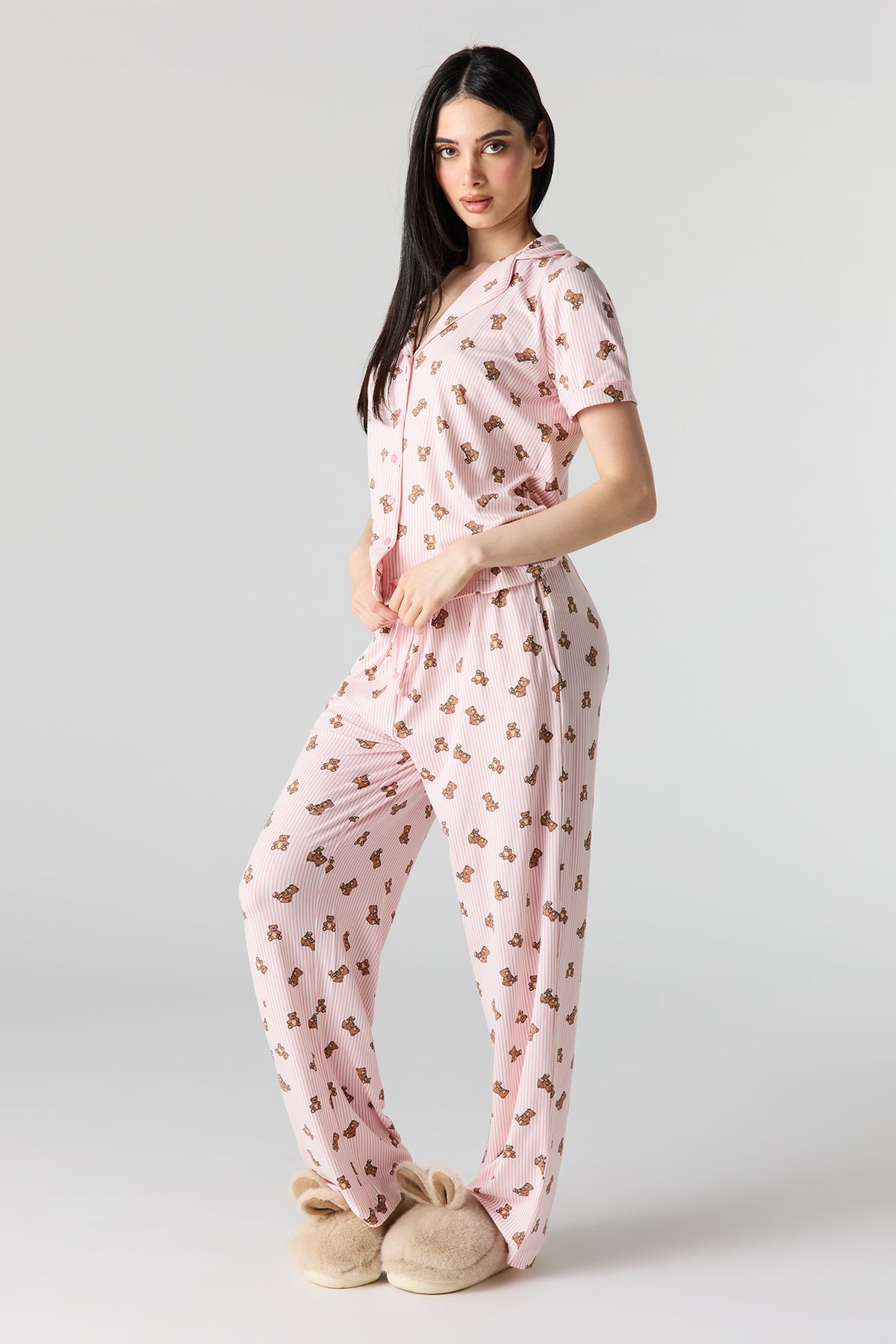 Button-Up Collared Top & Pajama Pant & Short Set (3 Pieces) - Pink