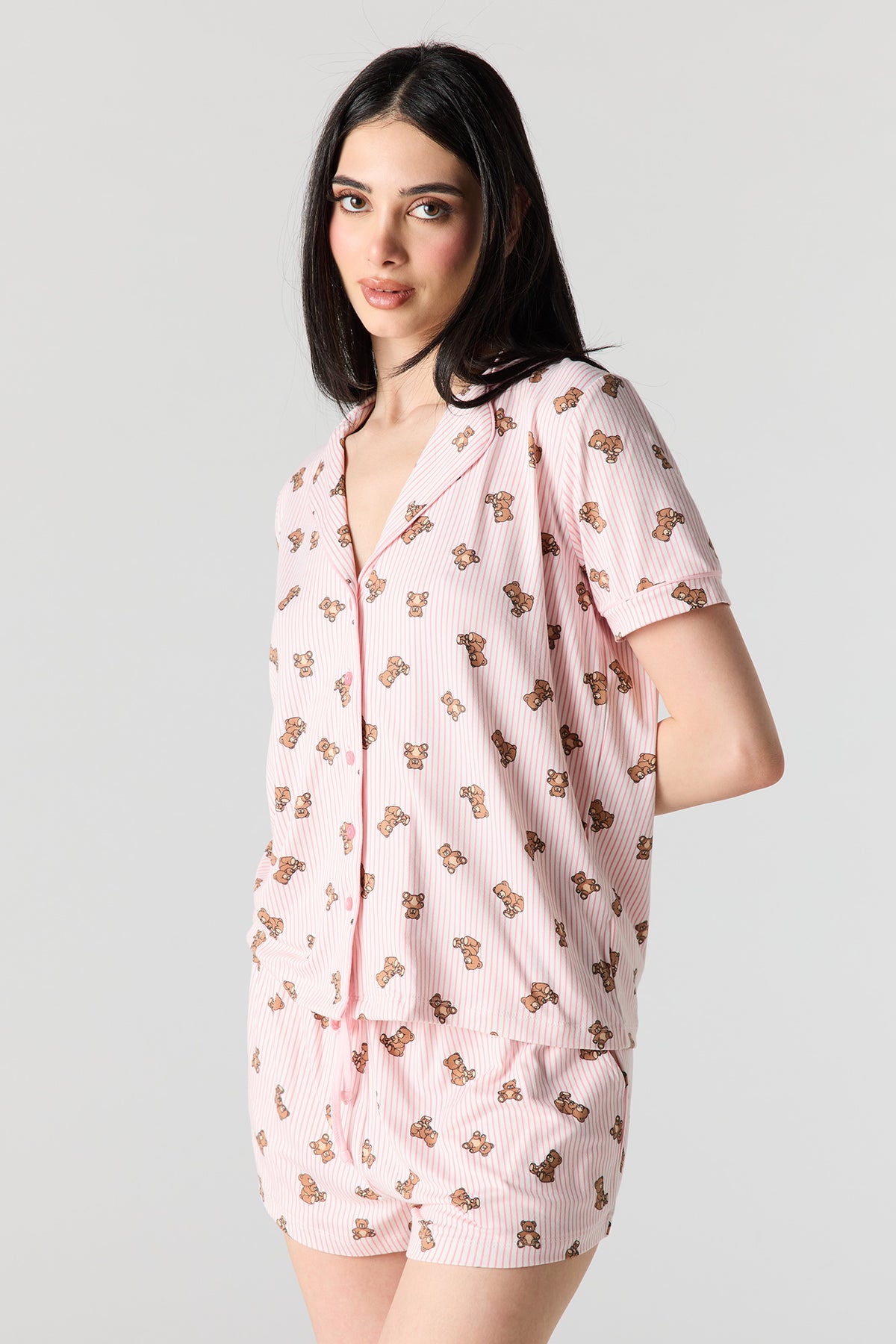 Alt View 2. Button-Up Collared Top & Pajama Pant & Short Set (3 Pieces) - Pink