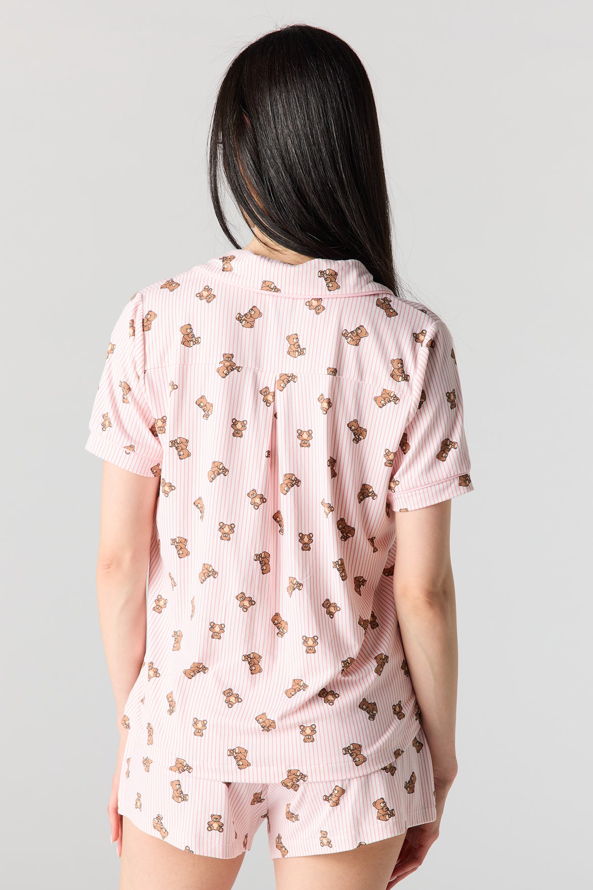 Alt View 4. Button-Up Collared Top & Pajama Pant & Short Set (3 Pieces) - Pink