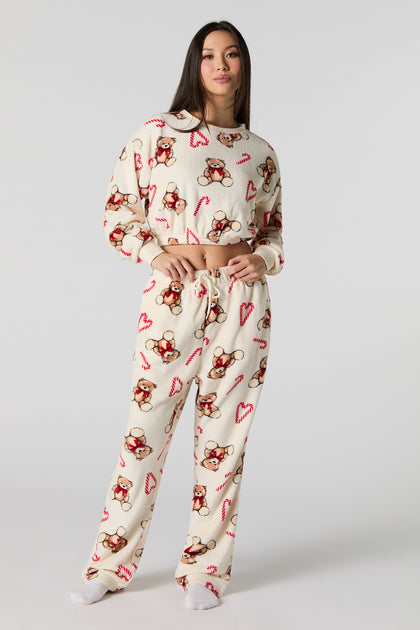 Christmas Print Plush 2 Piece Pajama Set