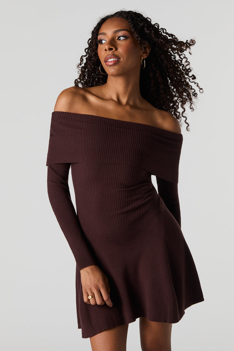 Ribbed Off Shoulder Mini Sweater Dress