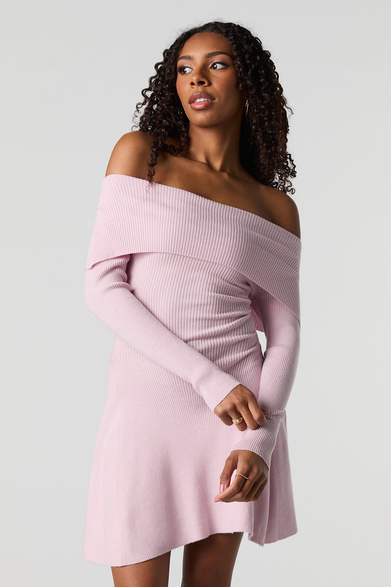 Ribbed Off Shoulder Mini Sweater Dress