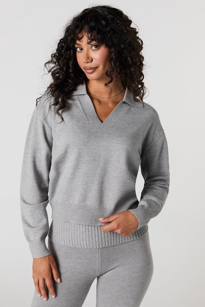 Knit Collared V-Neck Sweater