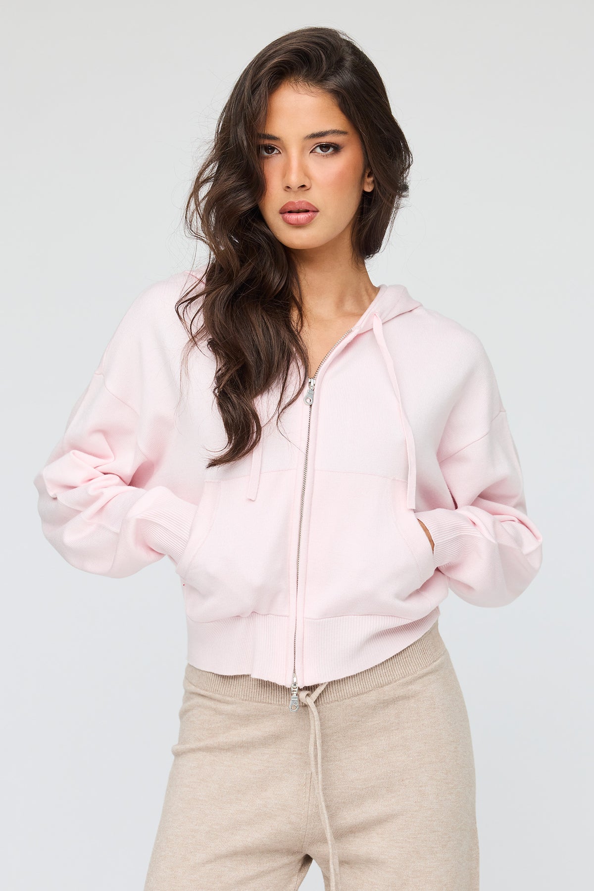 Knit Zip Hoodie - Light Pink