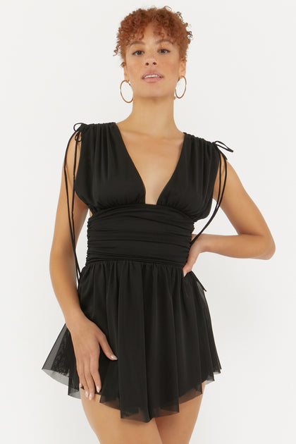 Mesh Plunging Fit and Flare Mini Dress