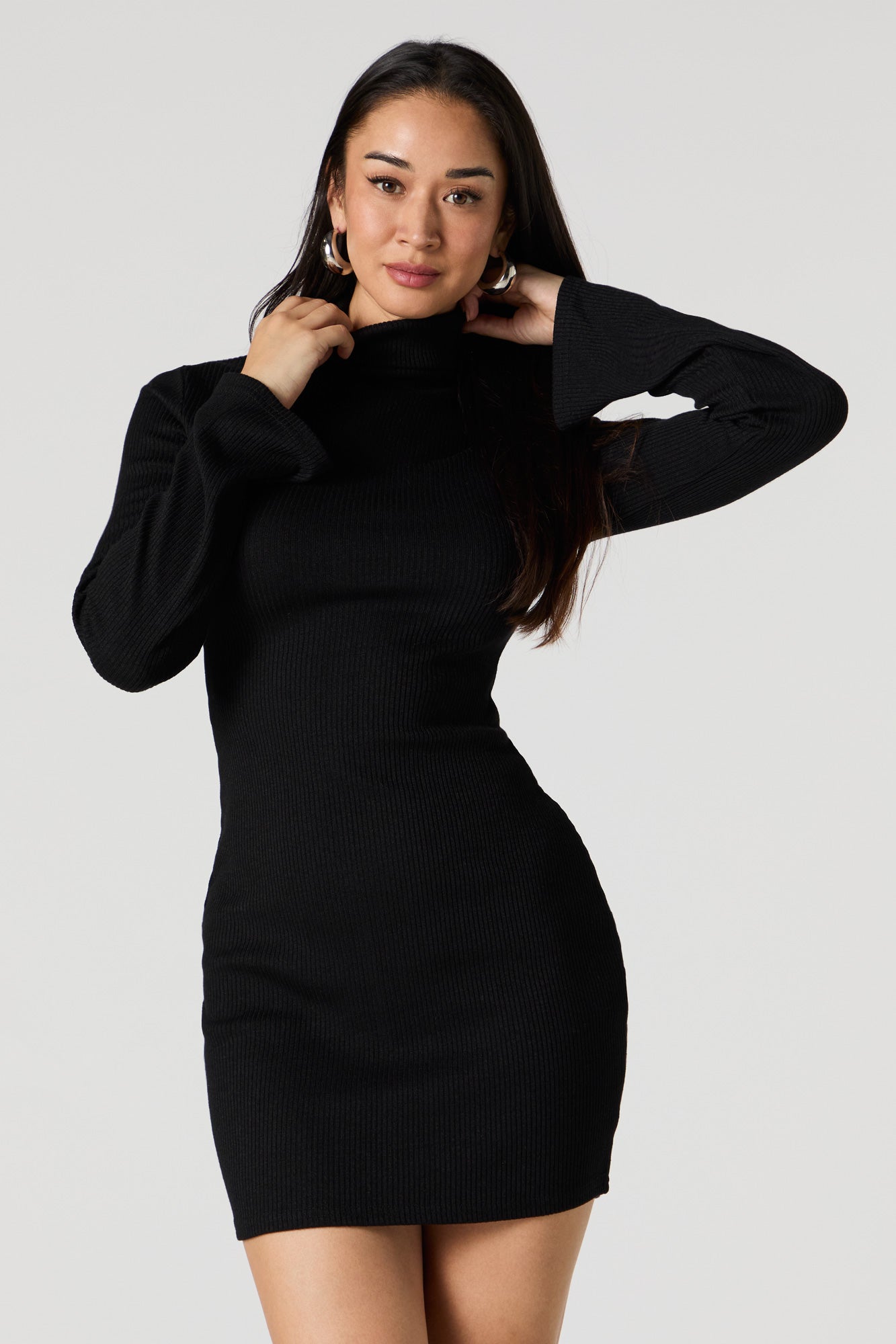 Ribbed Knit Turtleneck Sweater Dress