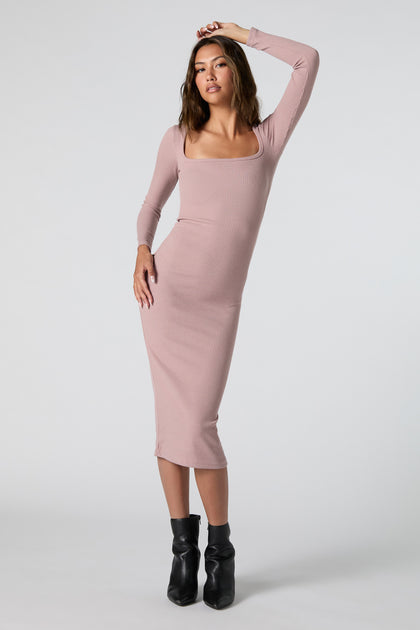 Ribbed Knit Bodycon Midi Sweater Dress