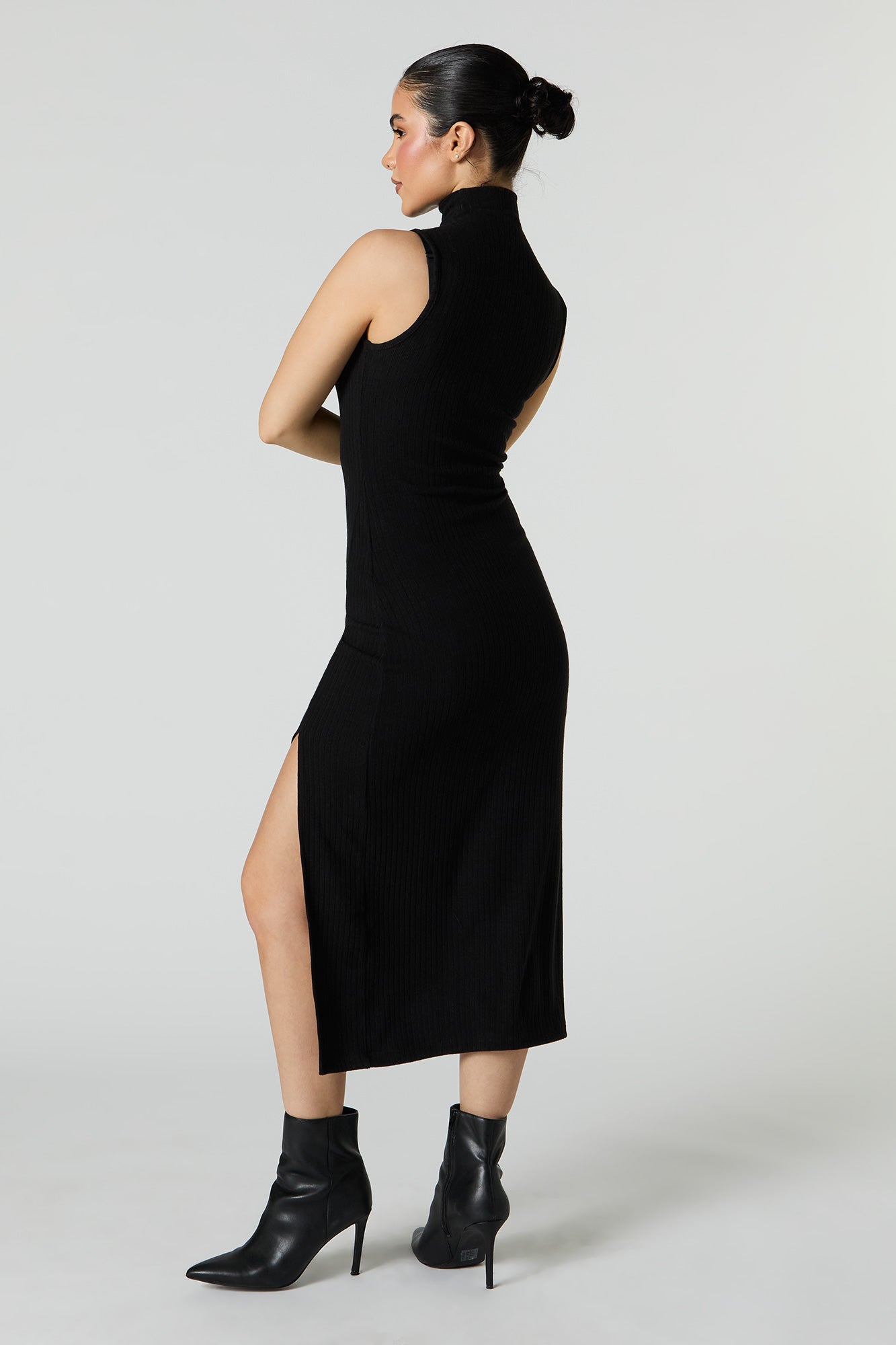 Ribbed Mock Neck Slit Midi Dress