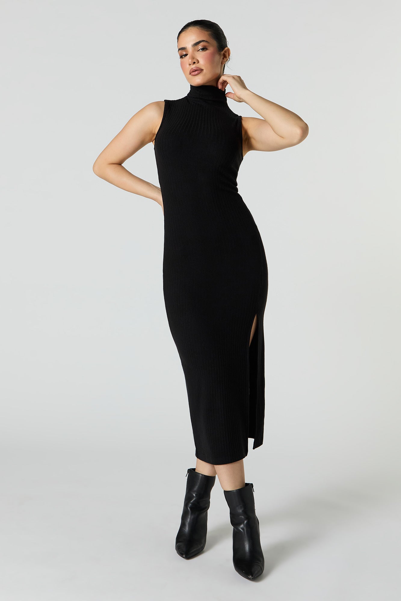 Ribbed Mock Neck Slit Midi Dress