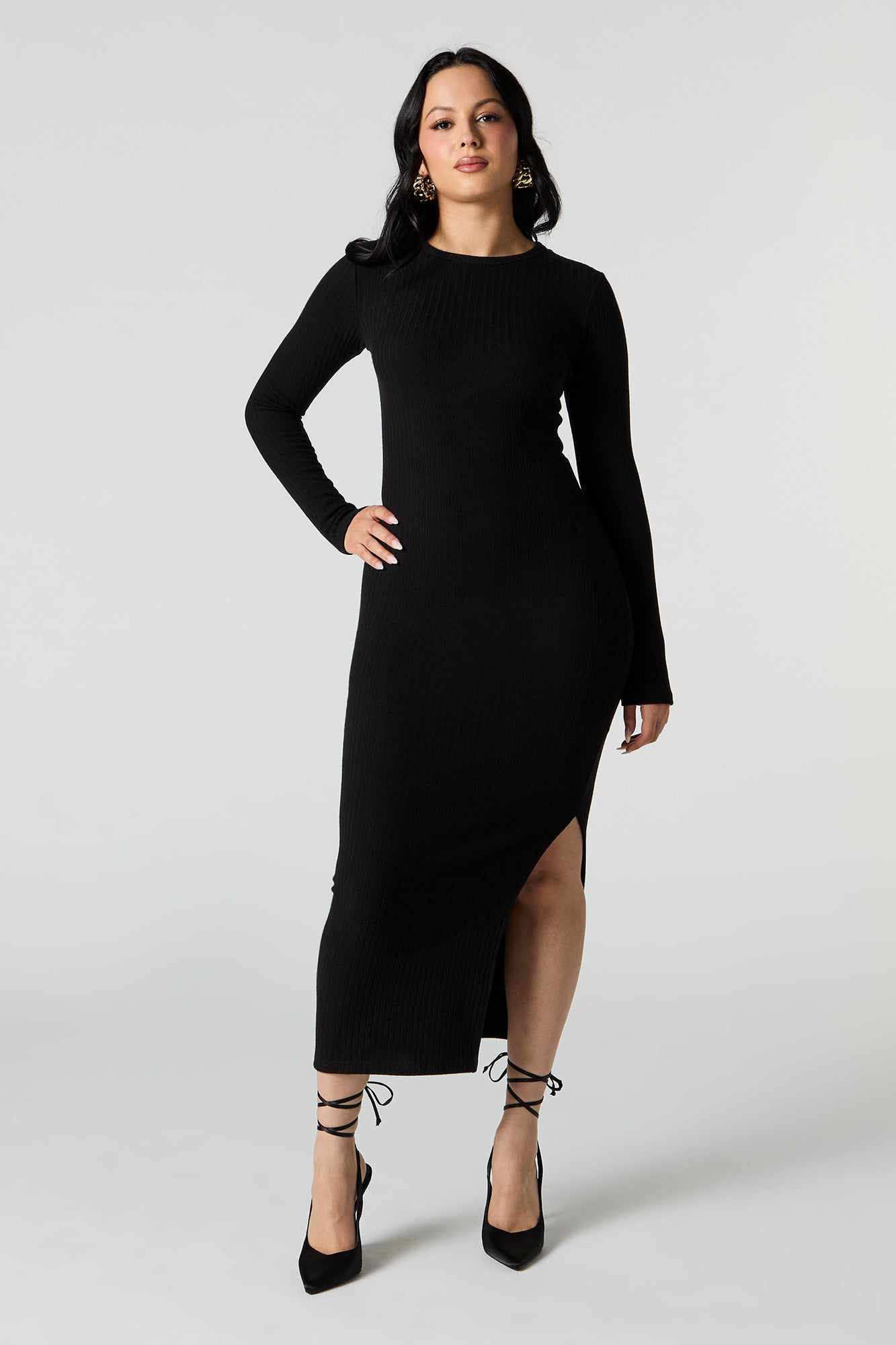 Ribbed Knit Bodycon Long Sleeve Midi Dress