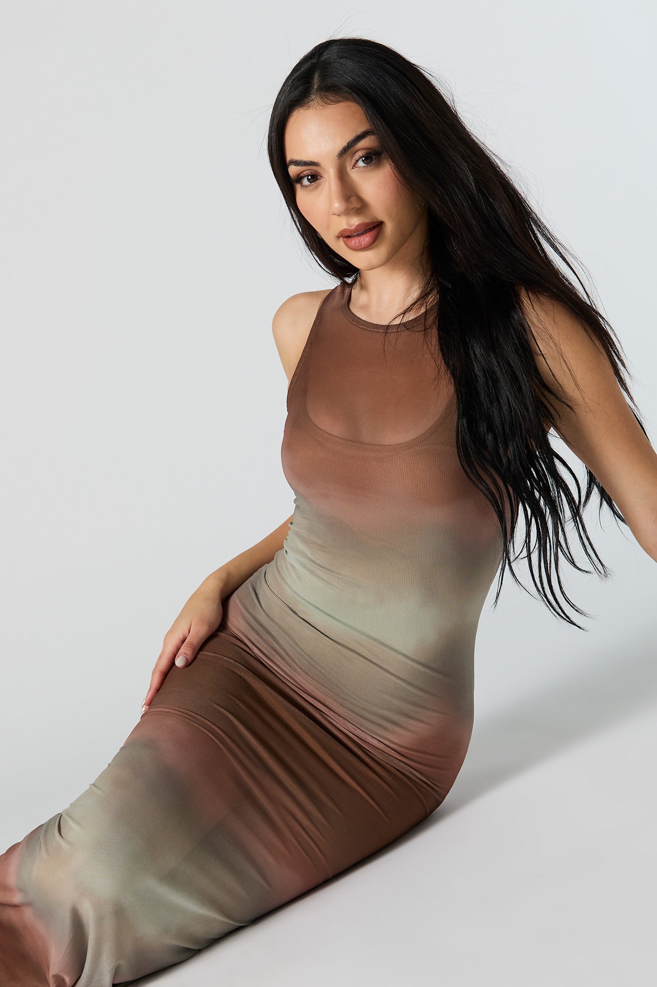 Printed Mesh Mermaid Maxi Dress