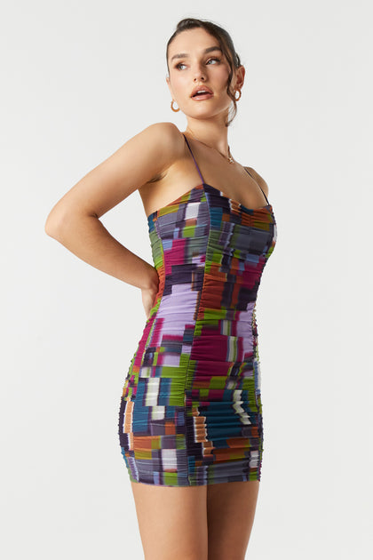 Geo Print Ruched Bungee Strap Mini Dress