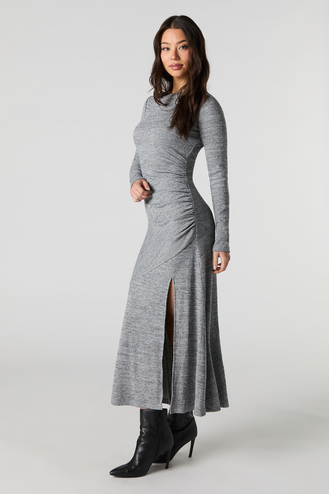 Ribbed Knit Asymmetrical Long Sleeve Midi Dress – Urban Planet