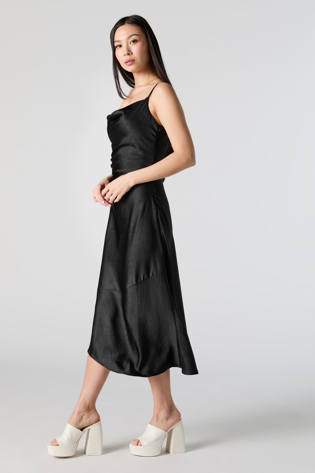 Satin Cowl Neck Asymmetrical Midi Dress