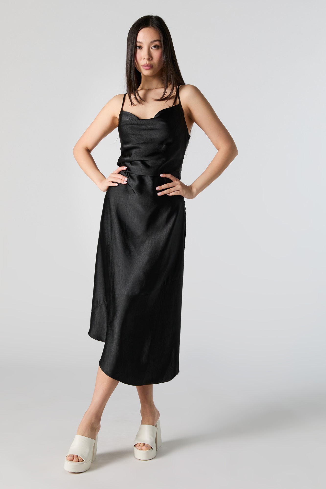 Satin Cowl Neck Asymmetrical Midi Dress