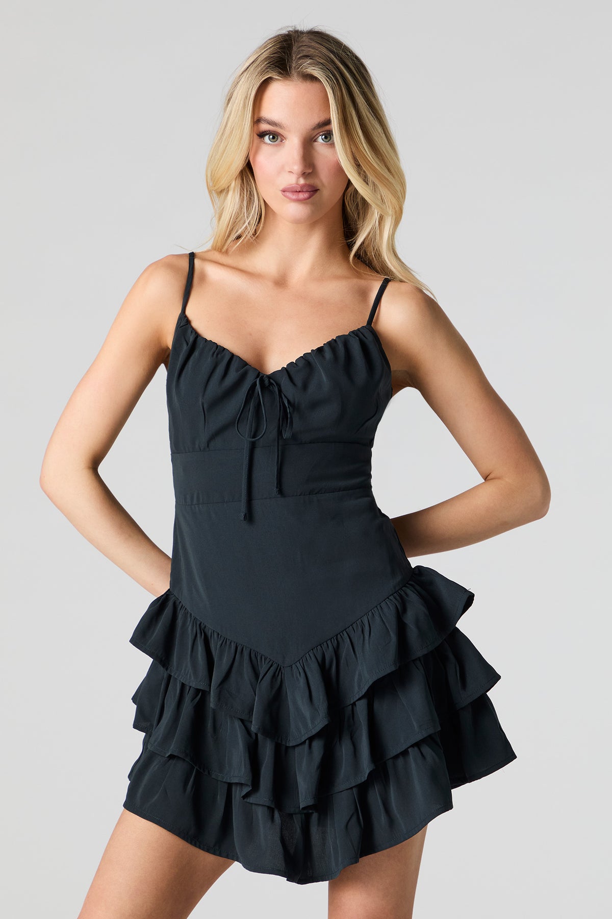 Tiered Ruffle Mini Dress - Solid Black