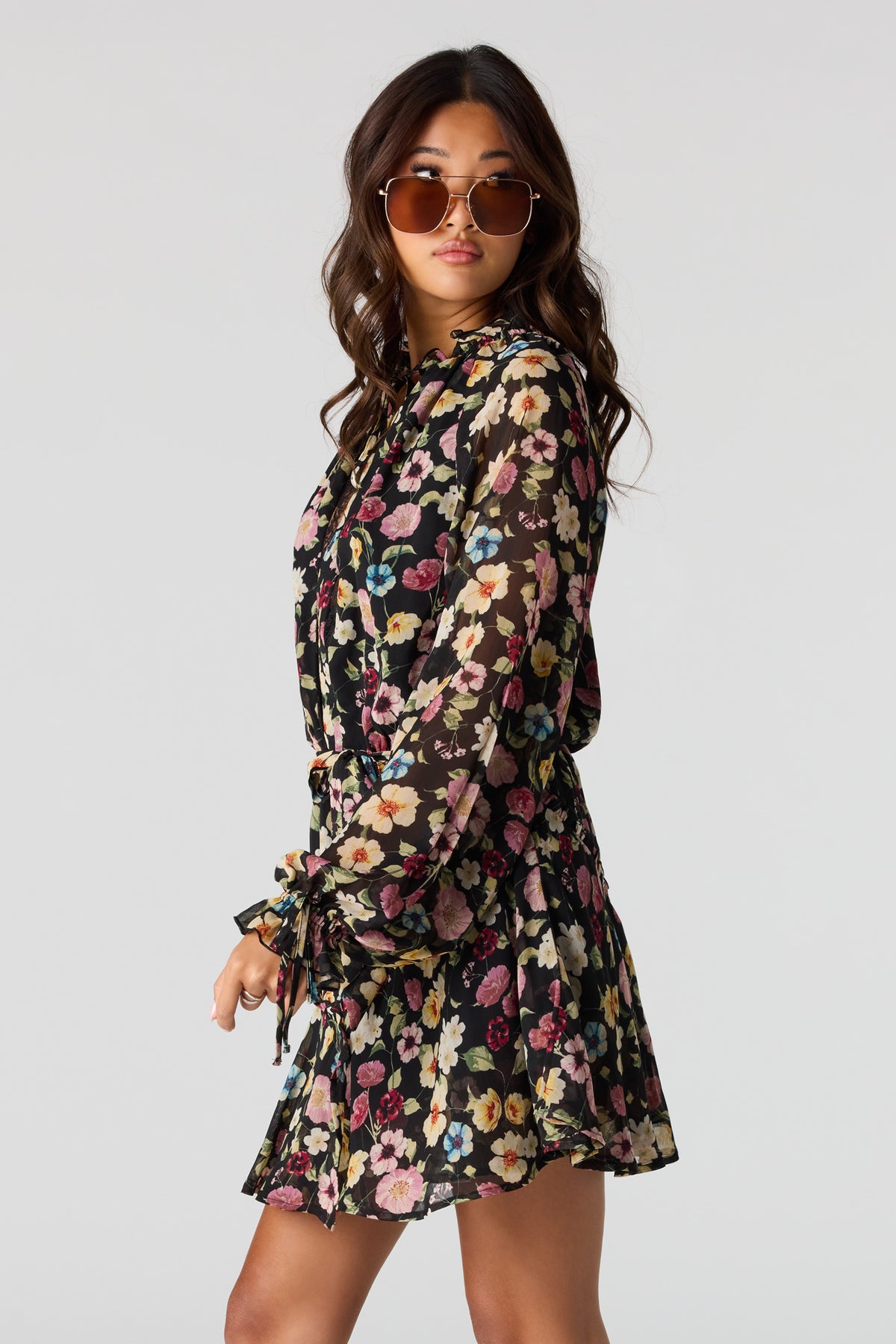 Chiffon Long Sleeve Mini Dress - Black