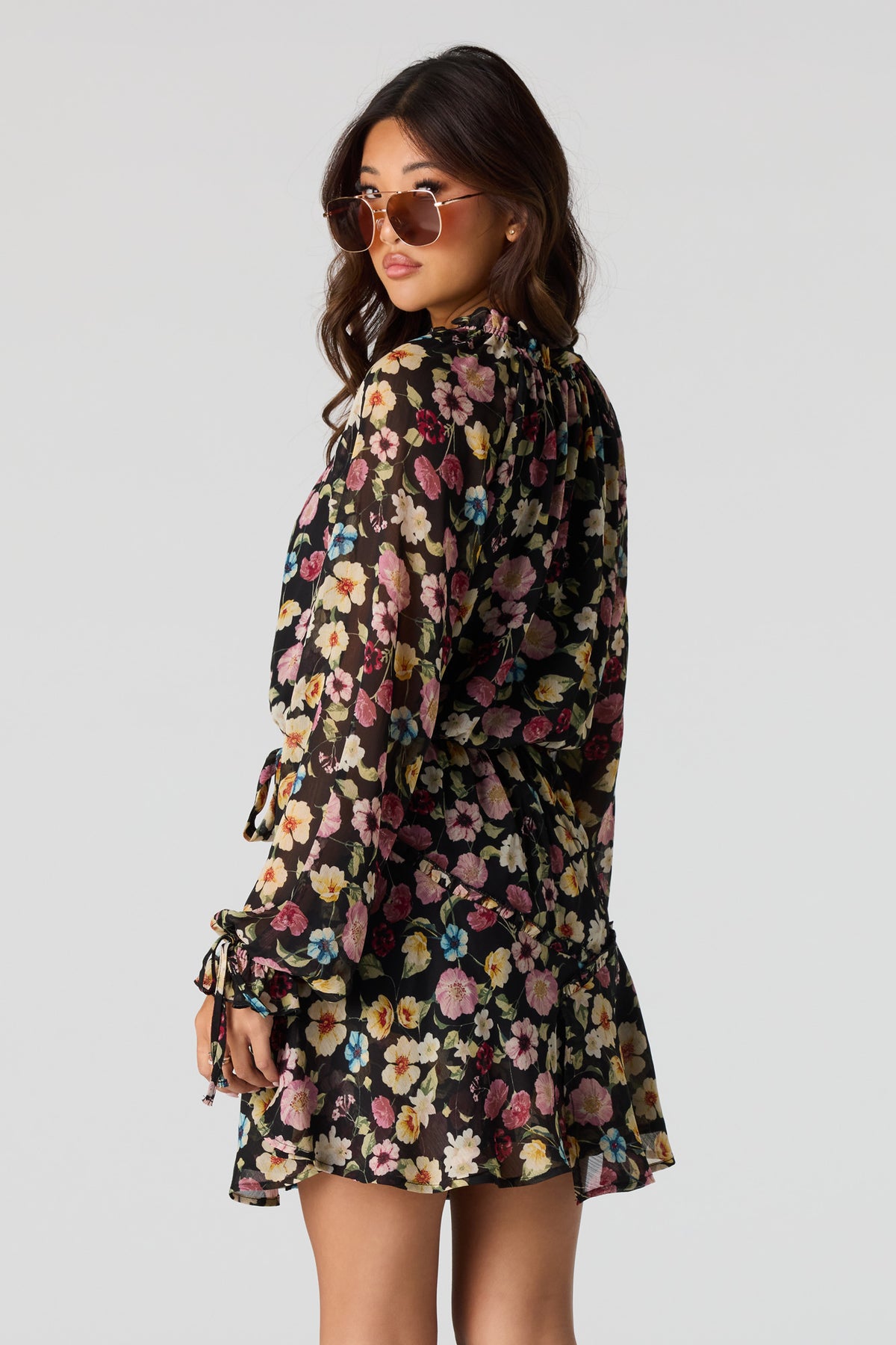 Alt View 2. Chiffon Long Sleeve Mini Dress - Black