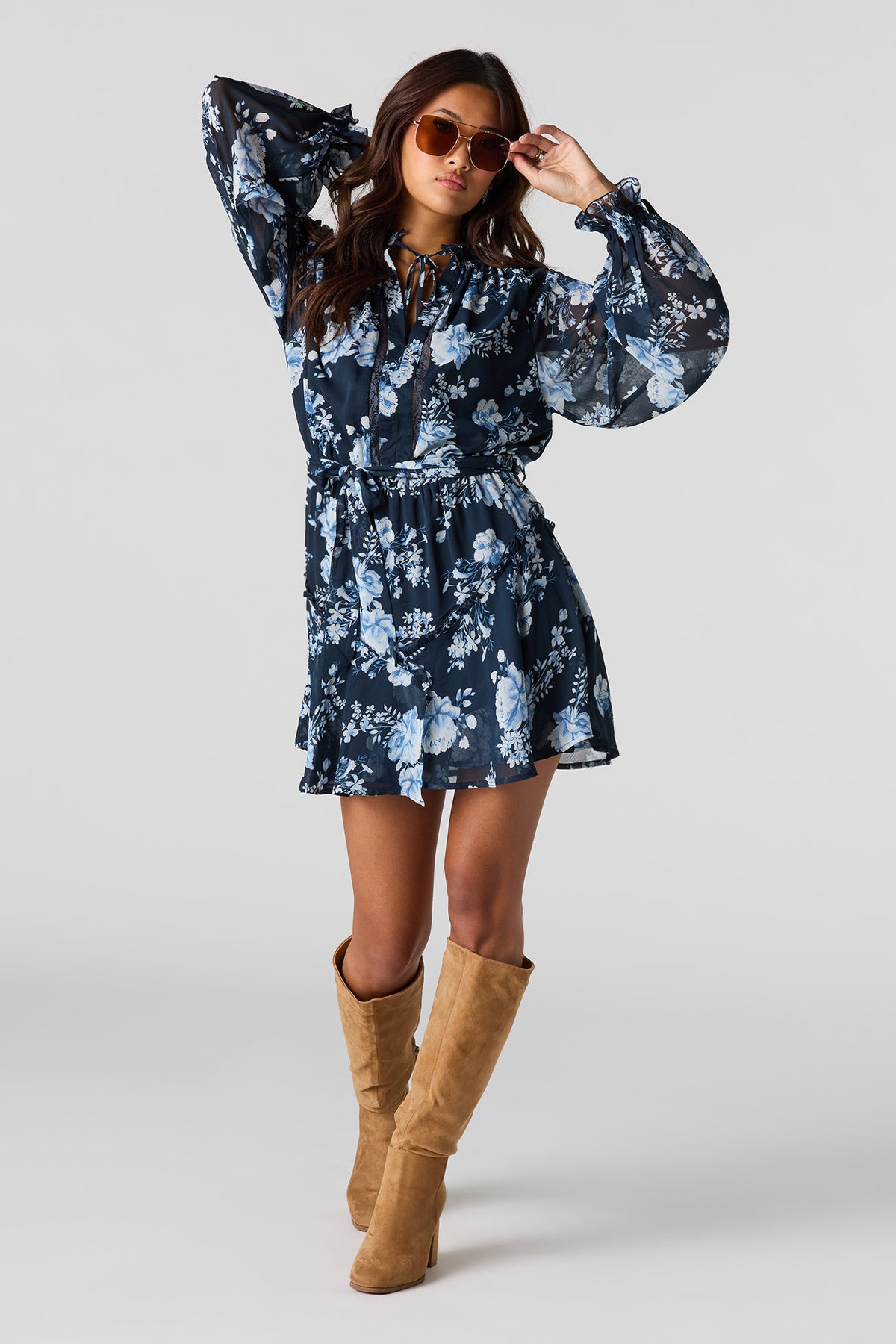 Alt View 3. Chiffon Long Sleeve Mini Dress - Blue