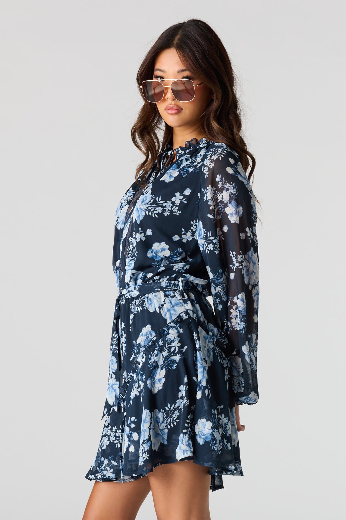 Chiffon Long Sleeve Mini Dress - Blue