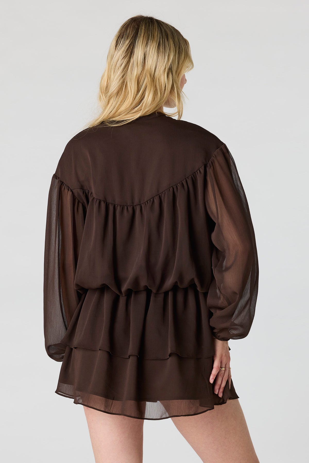 Alt View 3. Chiffon Tiered Long Sleeve Mini Dress - Brown