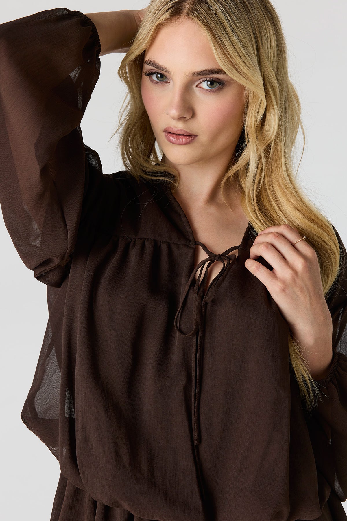 Alt View 5. Chiffon Tiered Long Sleeve Mini Dress - Brown