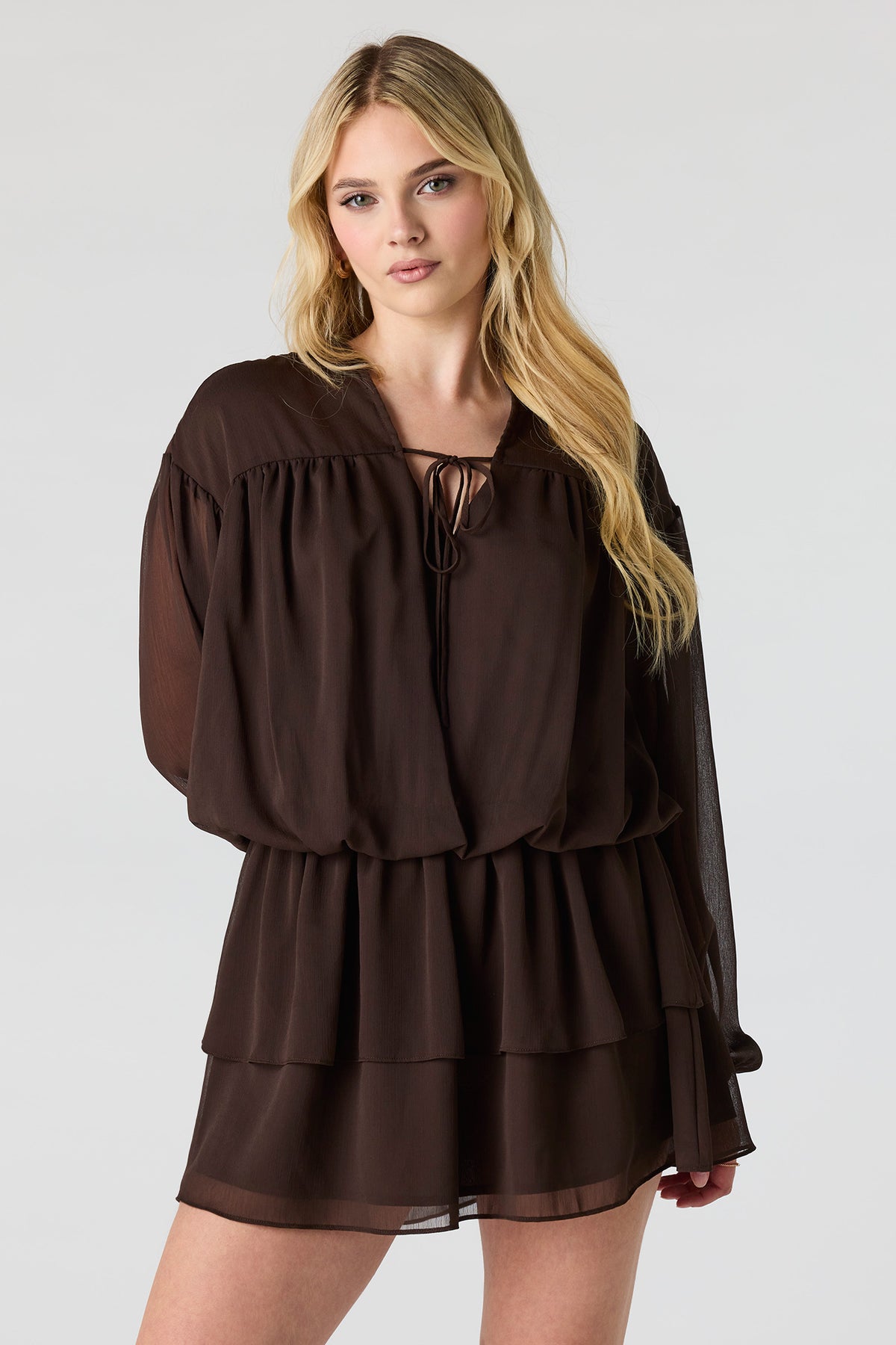 Alt View 2. Chiffon Tiered Long Sleeve Mini Dress - Brown