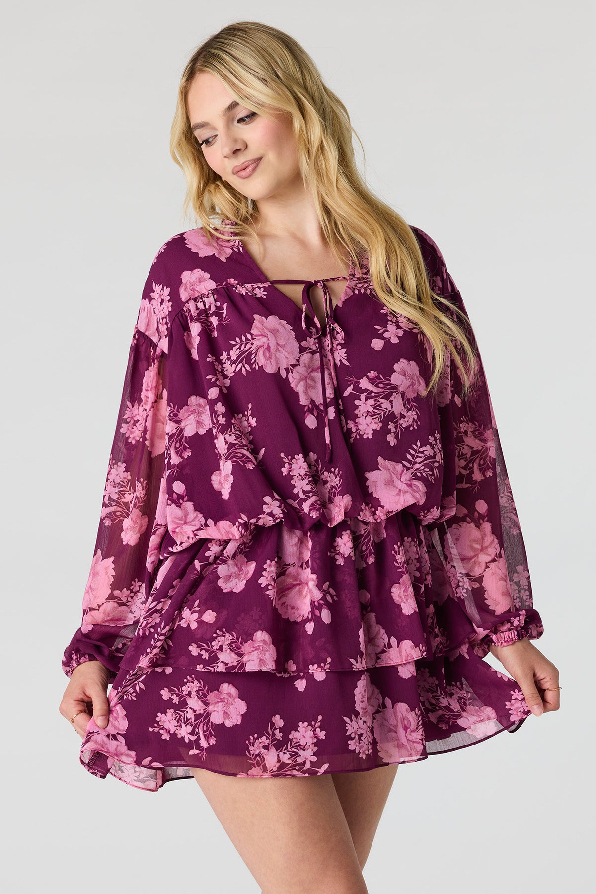 Chiffon Tiered Long Sleeve Mini Dress - Pink