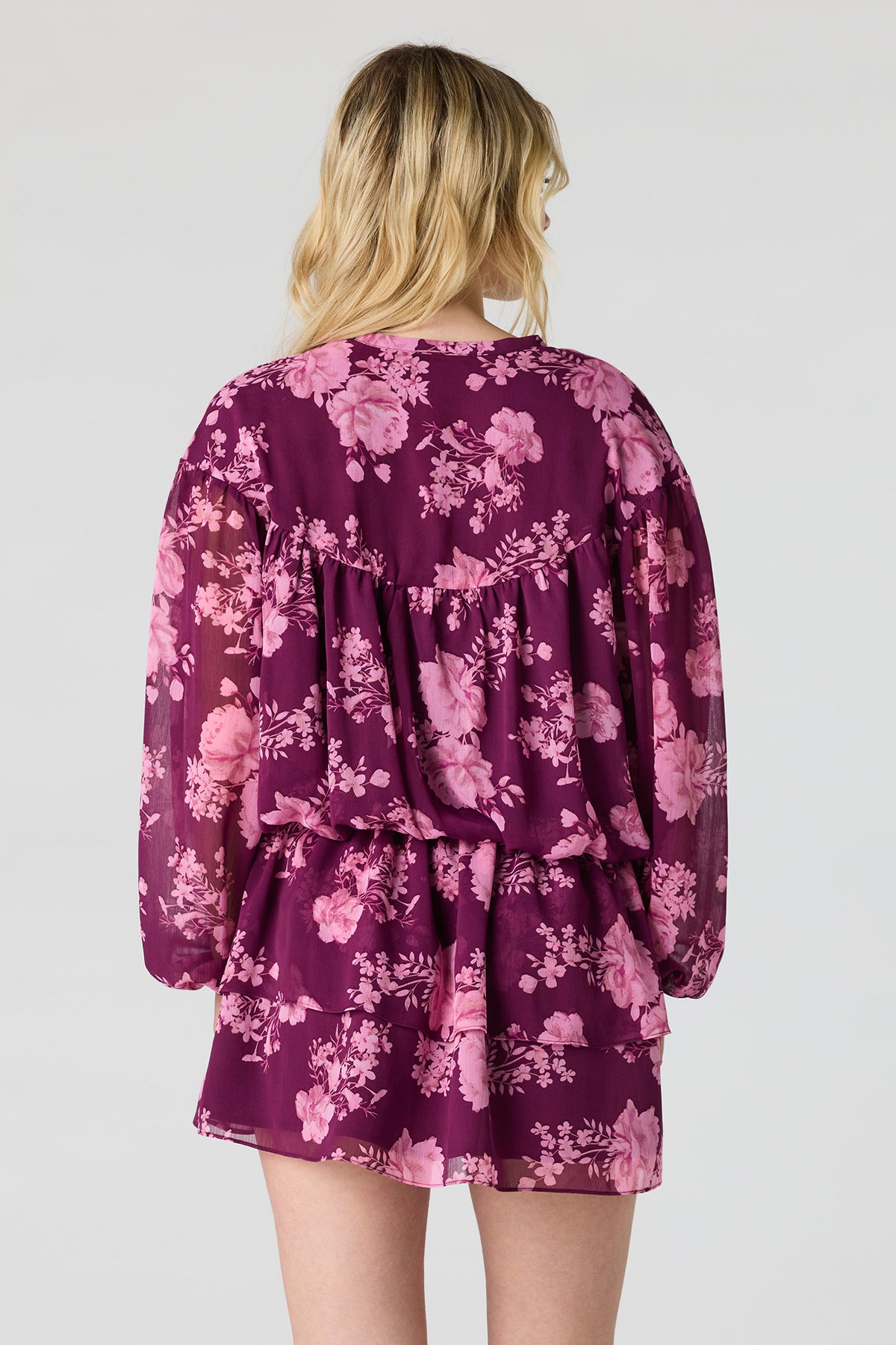 Alt View 2. Chiffon Tiered Long Sleeve Mini Dress - Pink