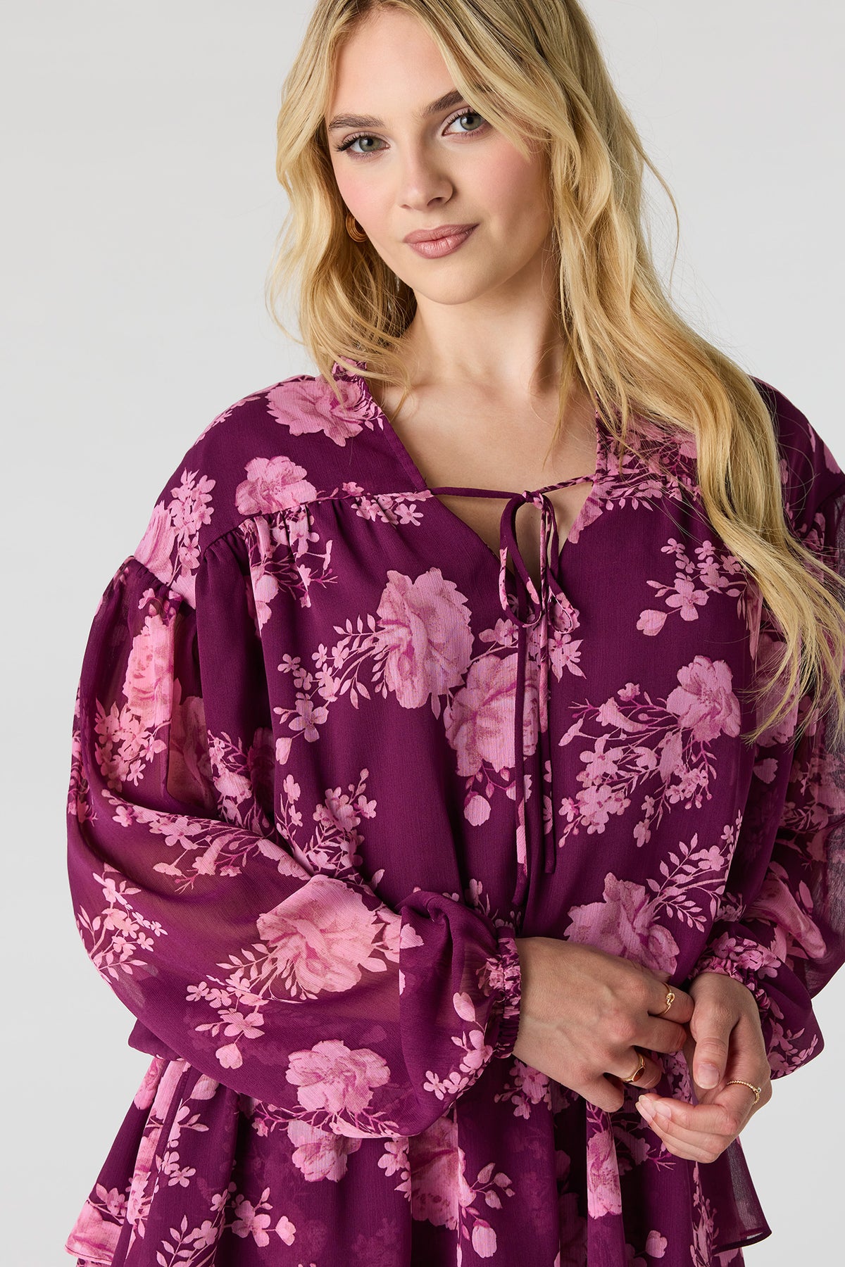 Alt View 4. Chiffon Tiered Long Sleeve Mini Dress - Pink