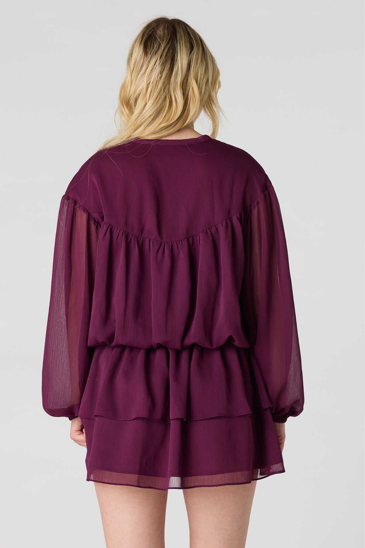 Alt View 2. Chiffon Tiered Long Sleeve Mini Dress - Purple