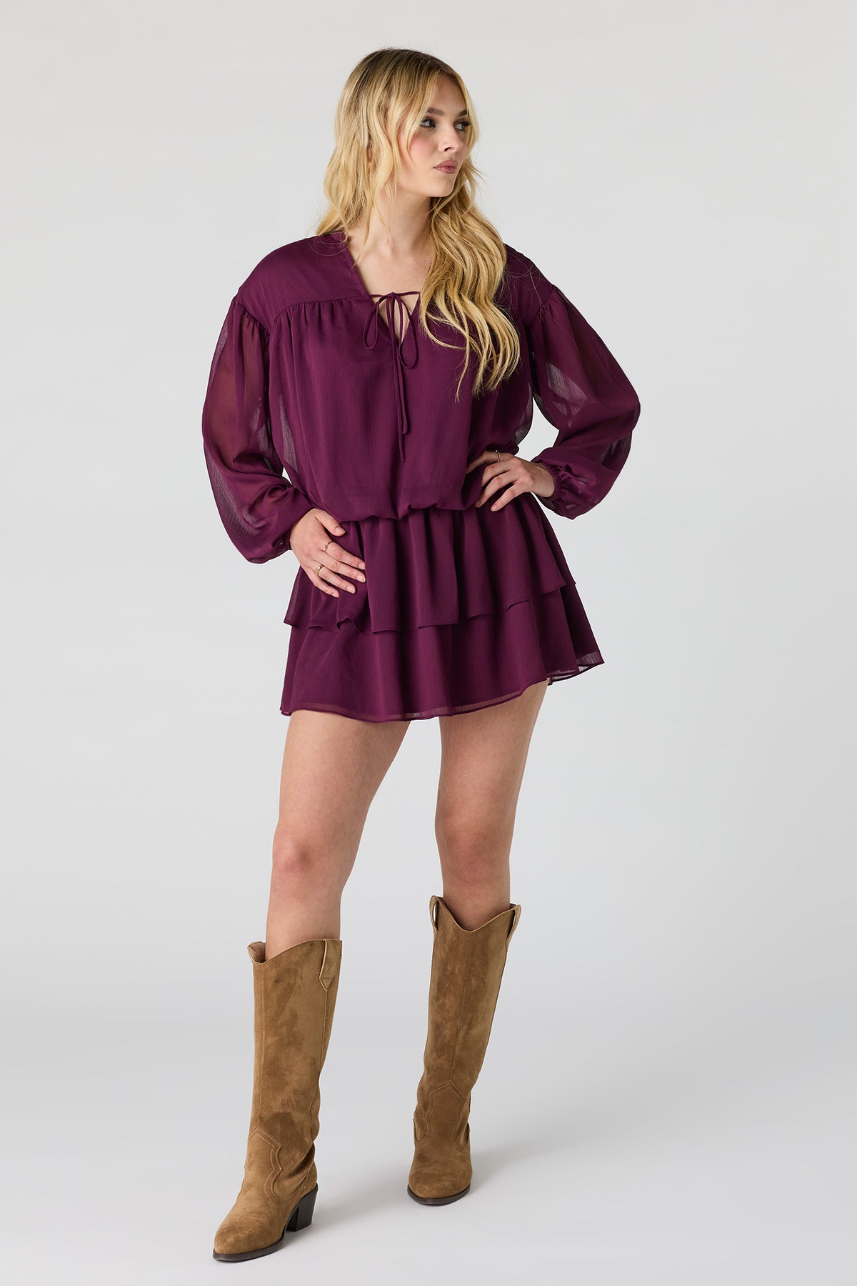 Alt View 3. Chiffon Tiered Long Sleeve Mini Dress - Purple