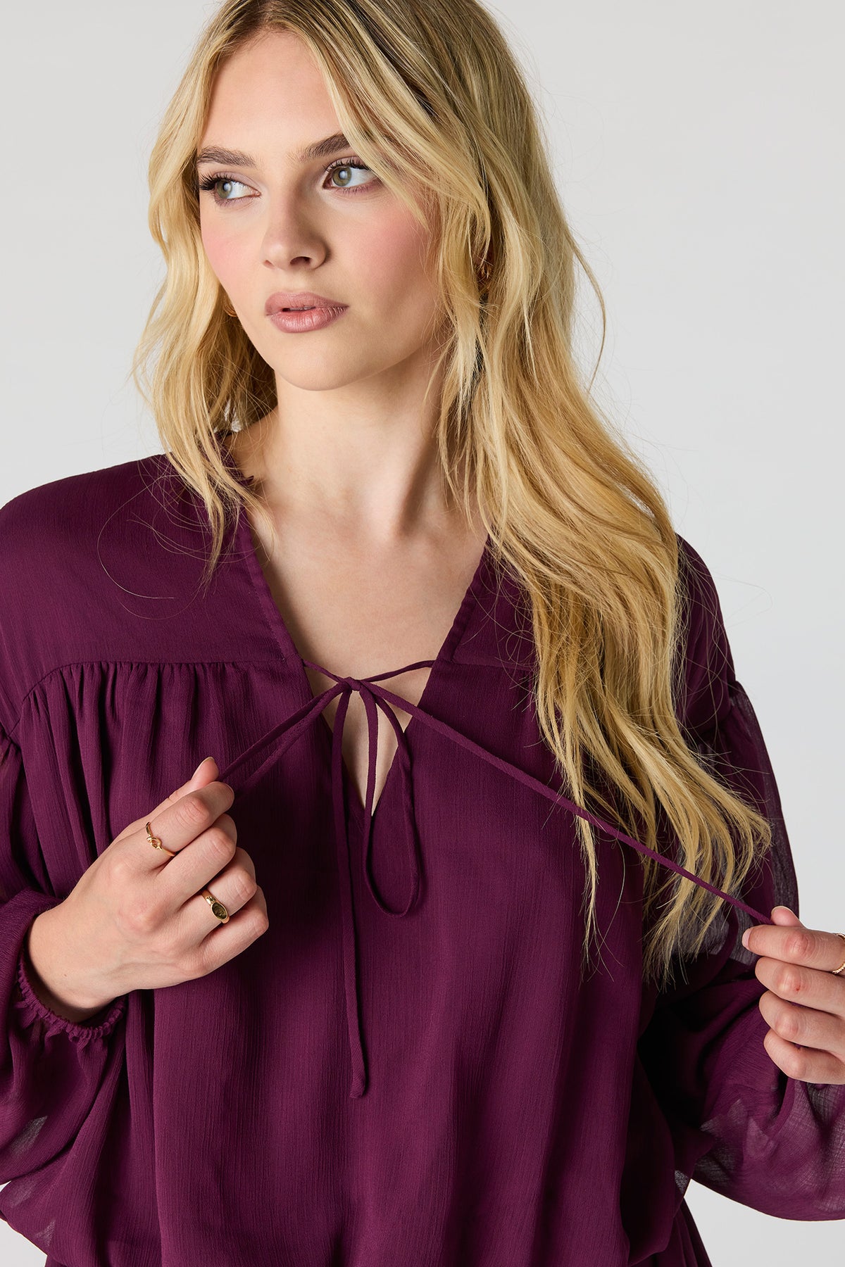 Alt View 4. Chiffon Tiered Long Sleeve Mini Dress - Purple
