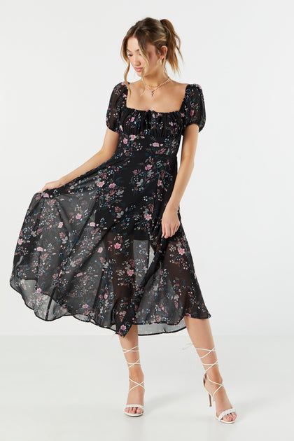 Black Floral Chiffon Milkmaid Midi Dress