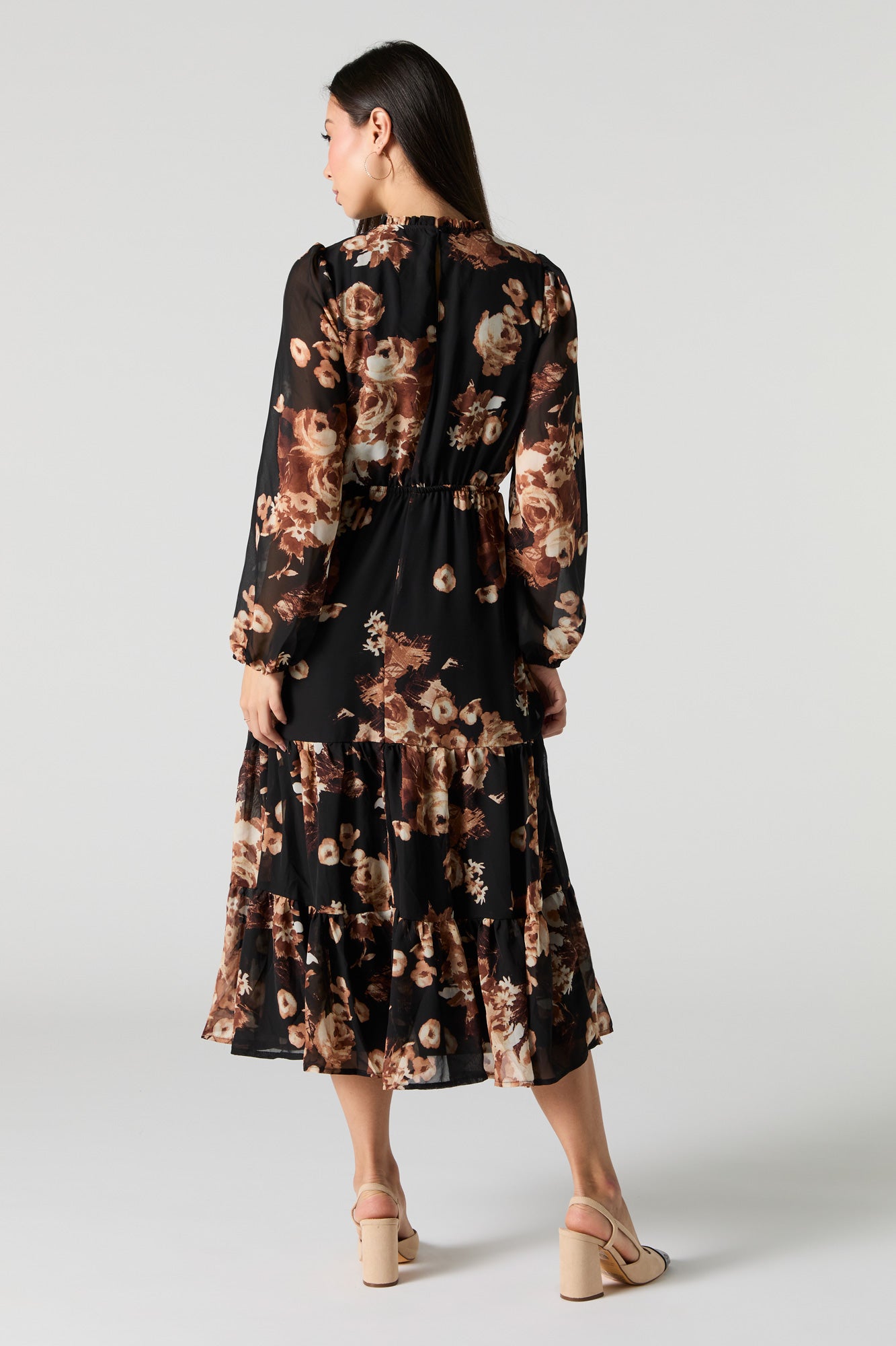 Floral Chiffon Long Sleeve Tiered Midi Dress