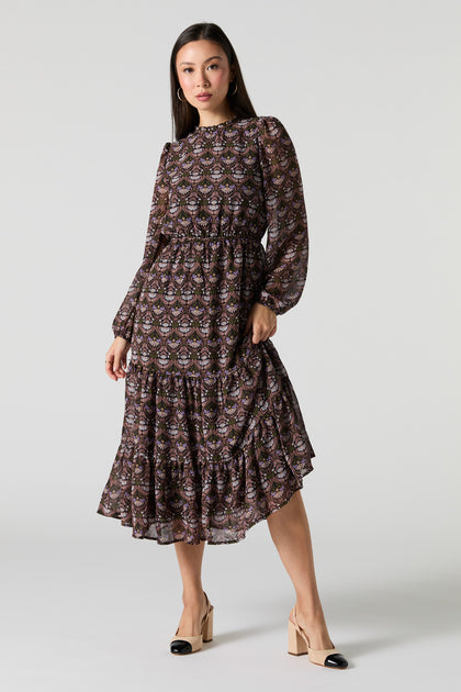 Floral Chiffon Long Sleeve Tiered Midi Dress Urban Planet