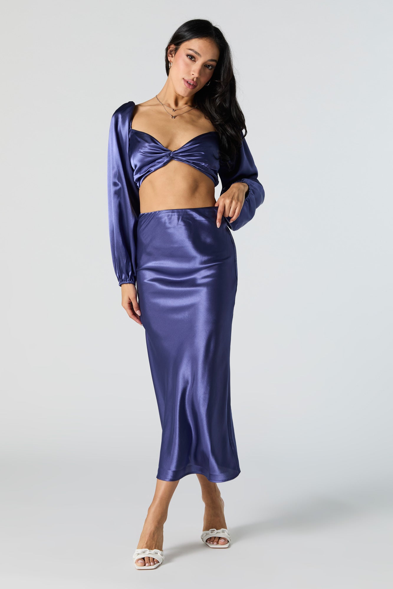 Jupe midi à taille haute en satin