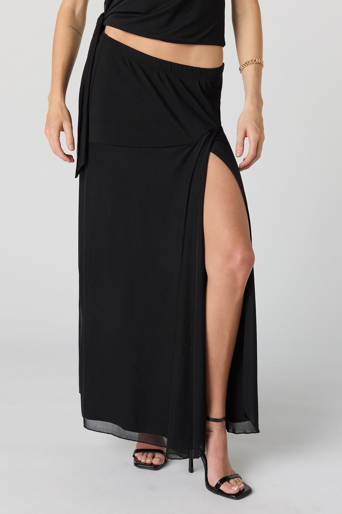 Alt View 4. Mesh Slit Maxi Skirt - Black