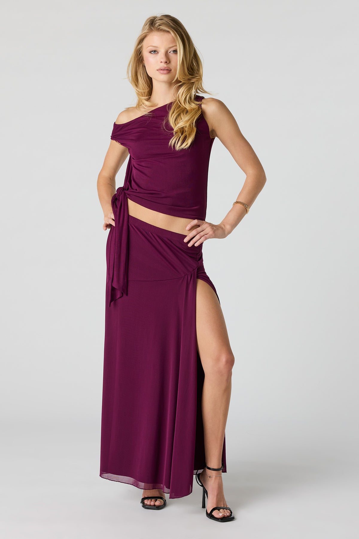 Mesh Slit Maxi Skirt - Plum