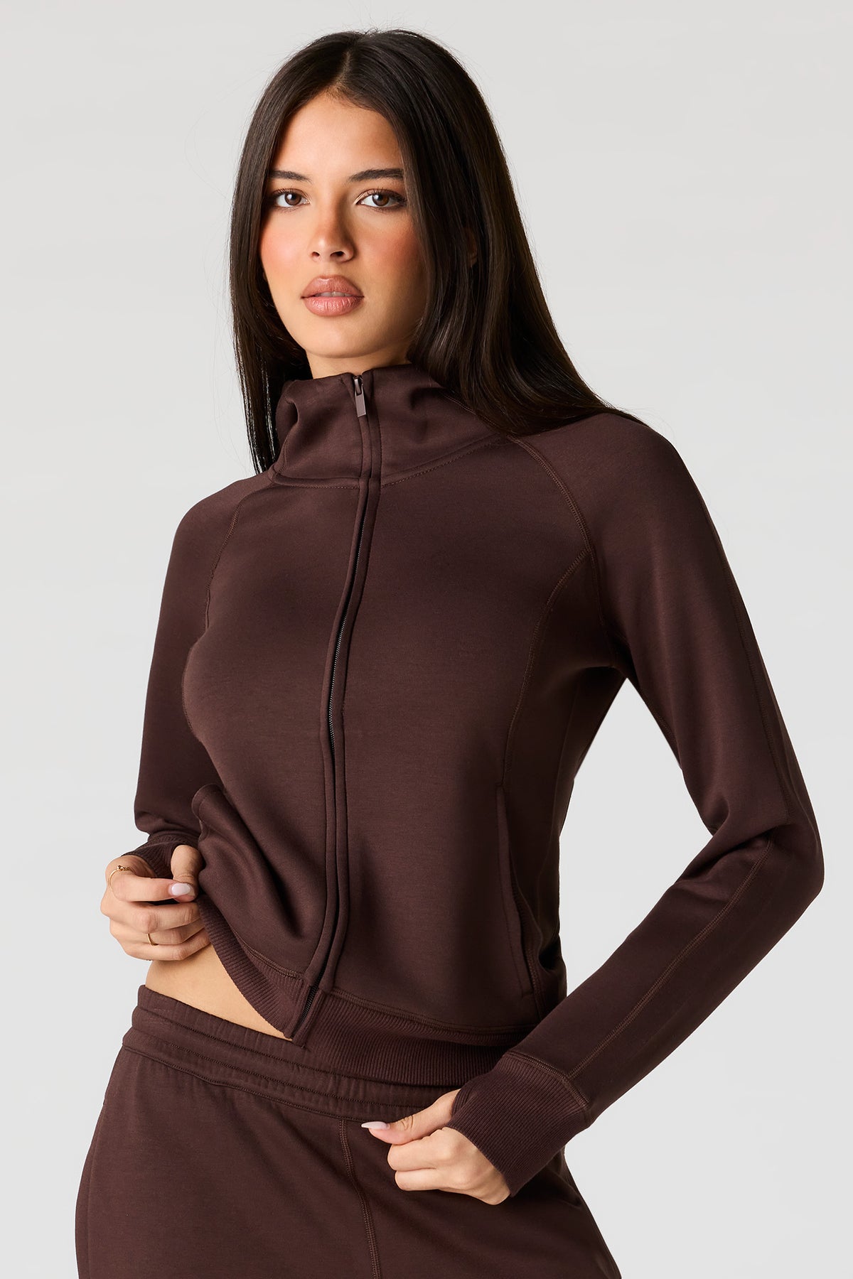 Luxe Scuba Zip Hoodie - Brown
