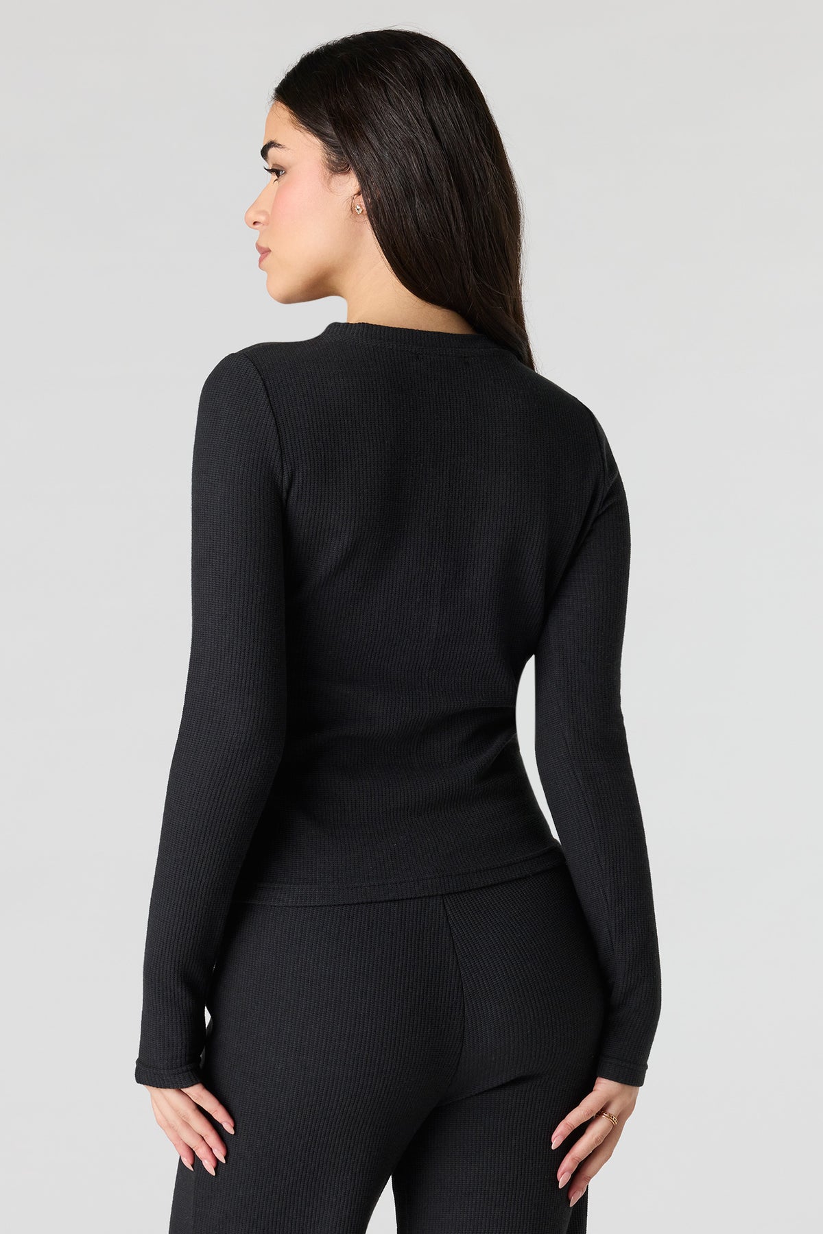 Alt View 2. Waffle Knit Button-Up Long Sleeve Top - Black