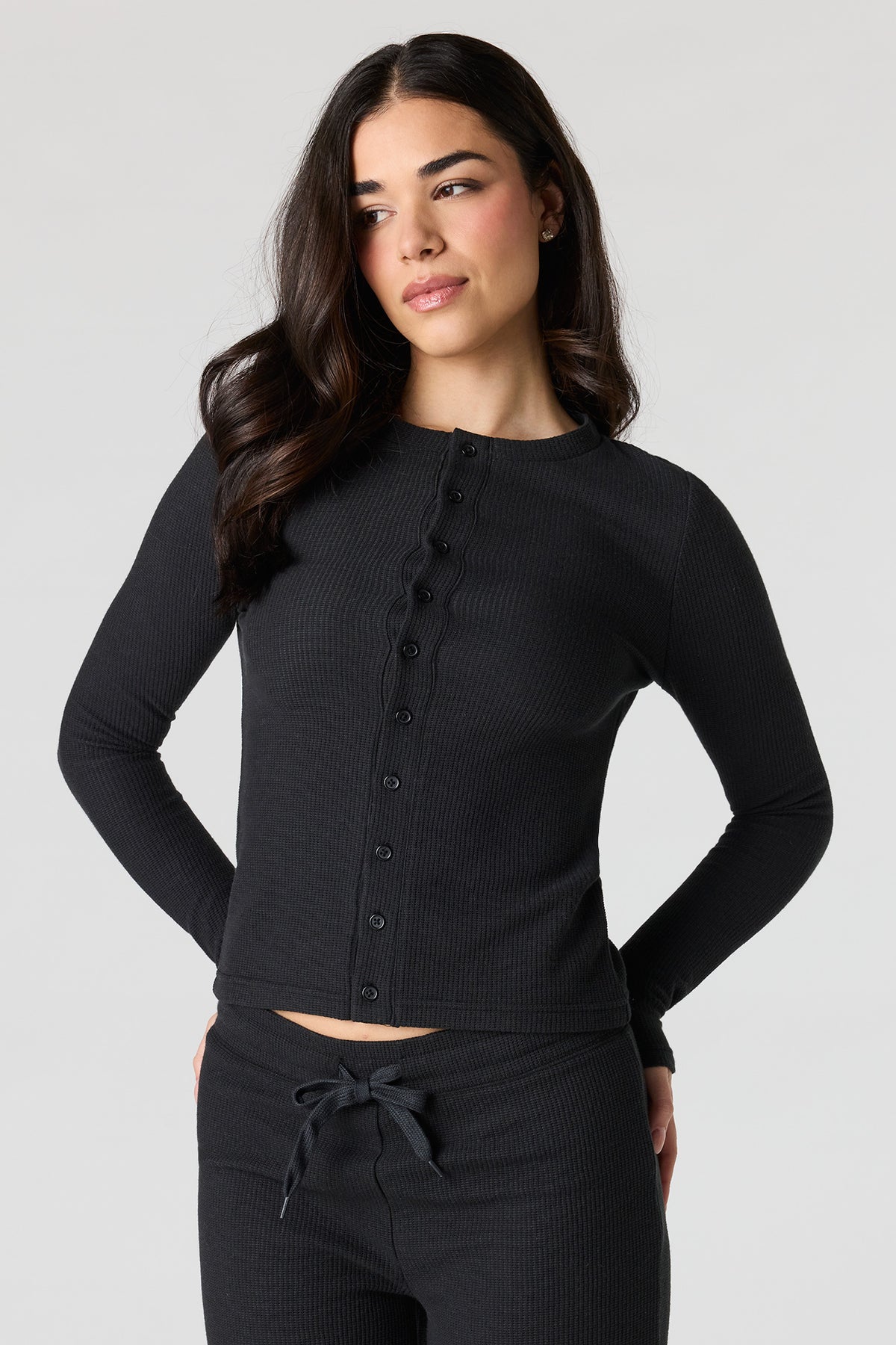 Waffle Knit Button-Up Long Sleeve Top - Black