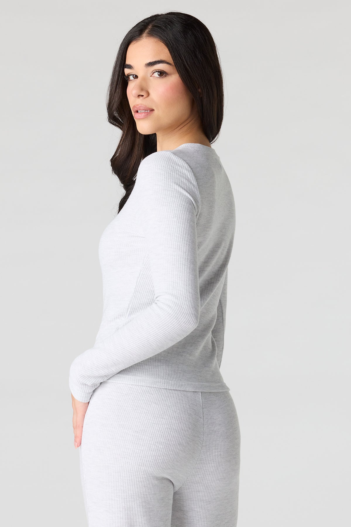 Alt View 2. Waffle Knit Button-Up Long Sleeve Top - Heather Grey