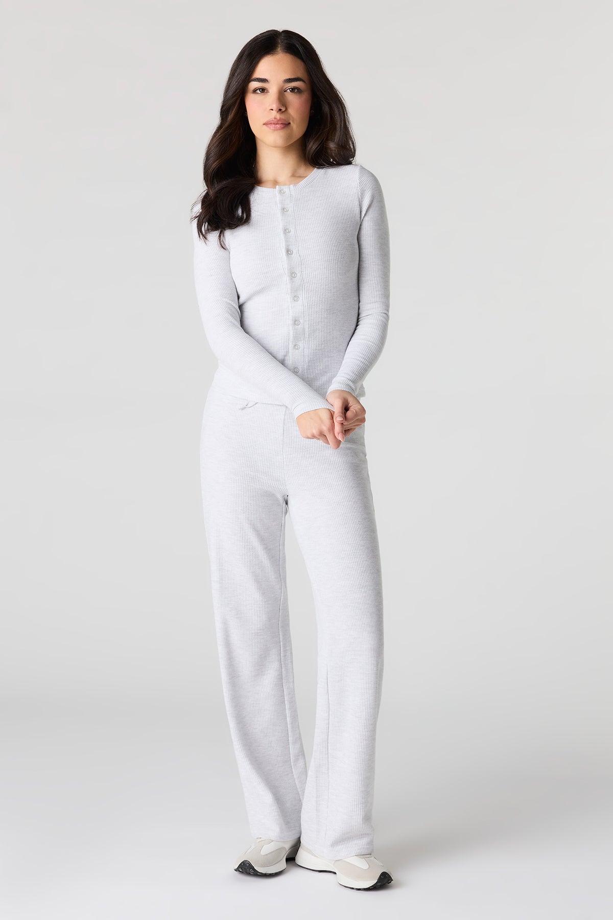 Alt View 3. Waffle Knit Button-Up Long Sleeve Top - Heather Grey
