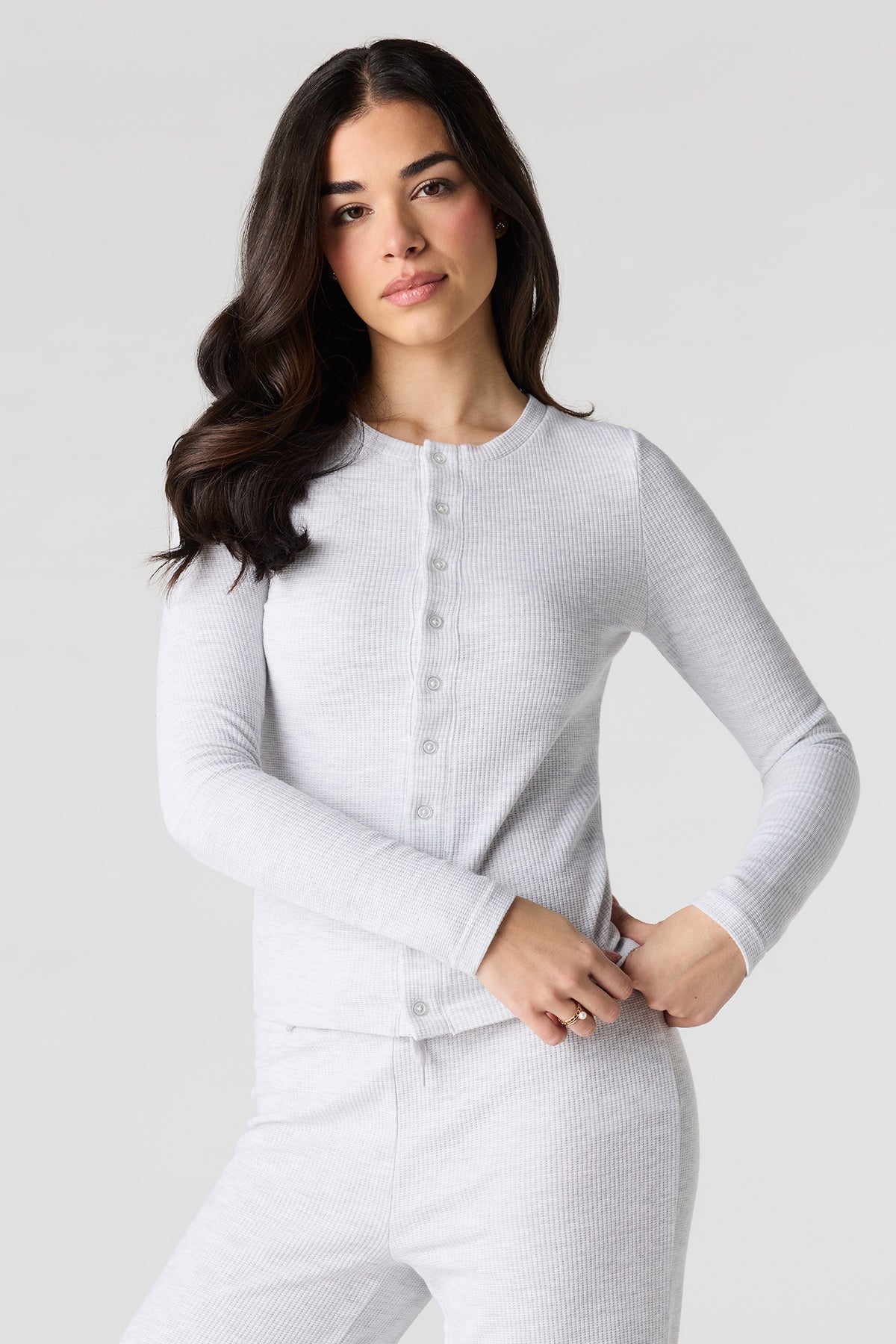 Waffle Knit Button-Up Long Sleeve Top - Heather Grey