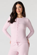 Waffle Knit Button-Up Long Sleeve Top