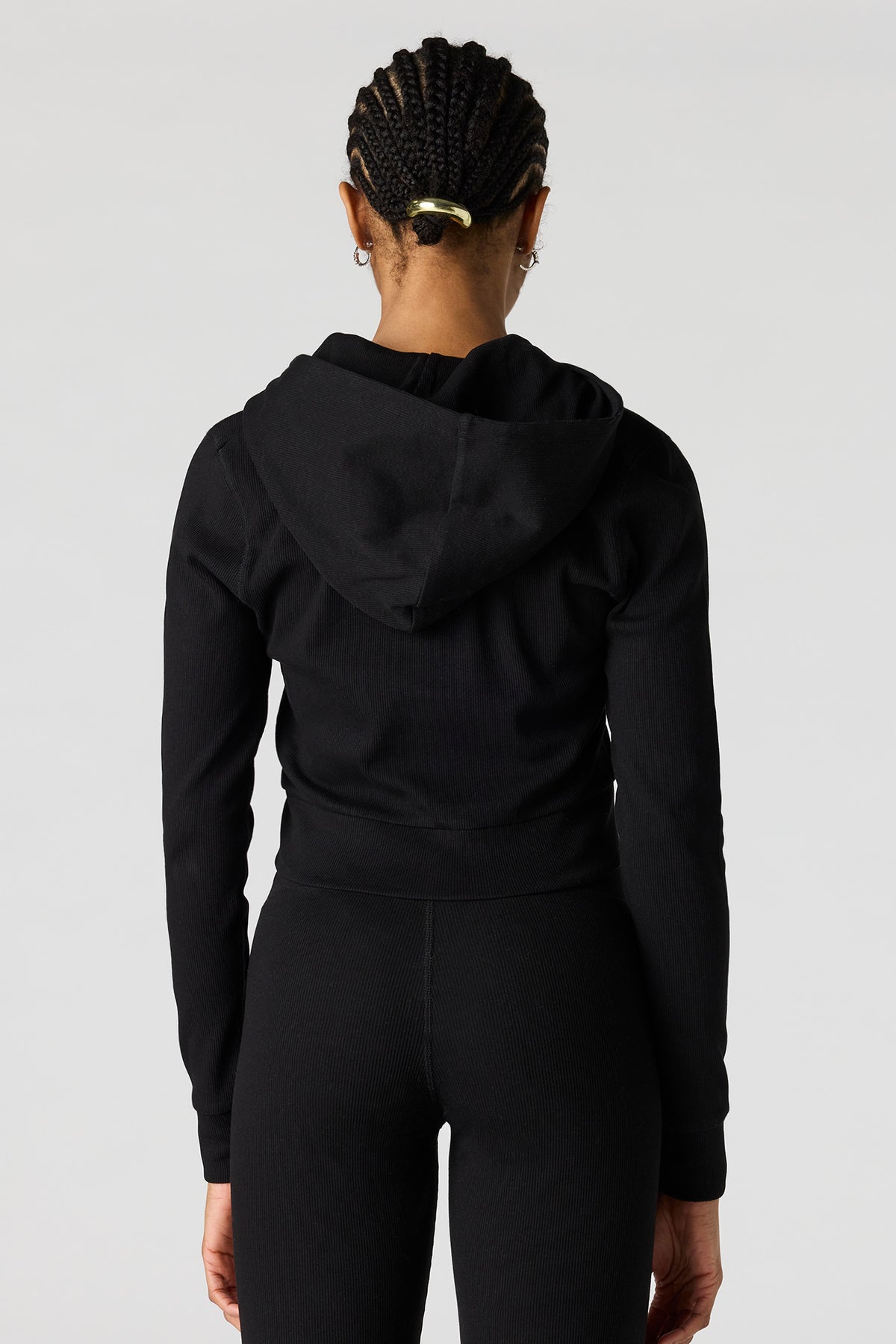 Alt View 2. Cropped Zip-Up Ribbed Hoodie - Black